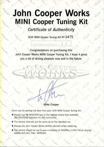 John Cooper Works MINI Cooper Tuning Kit certificate