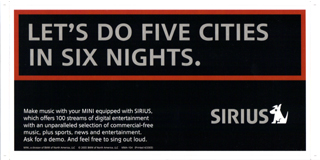SIRIUS bumper sticker LET'S DO FIVE CITIES IN SIX NIGHTS.