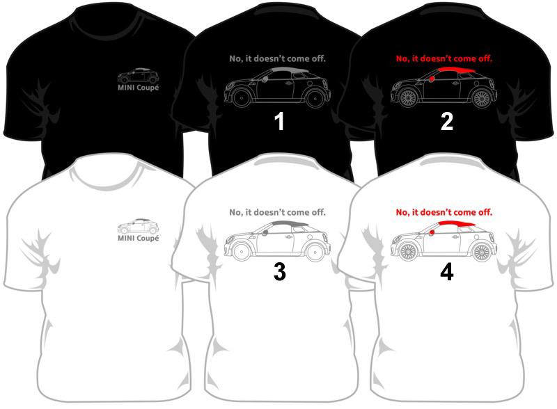 The MINI Coup shirts come in Black or White with a Silver Black or Red 