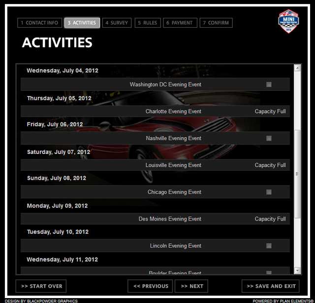 MINI Takes the States 2012 Activities screen